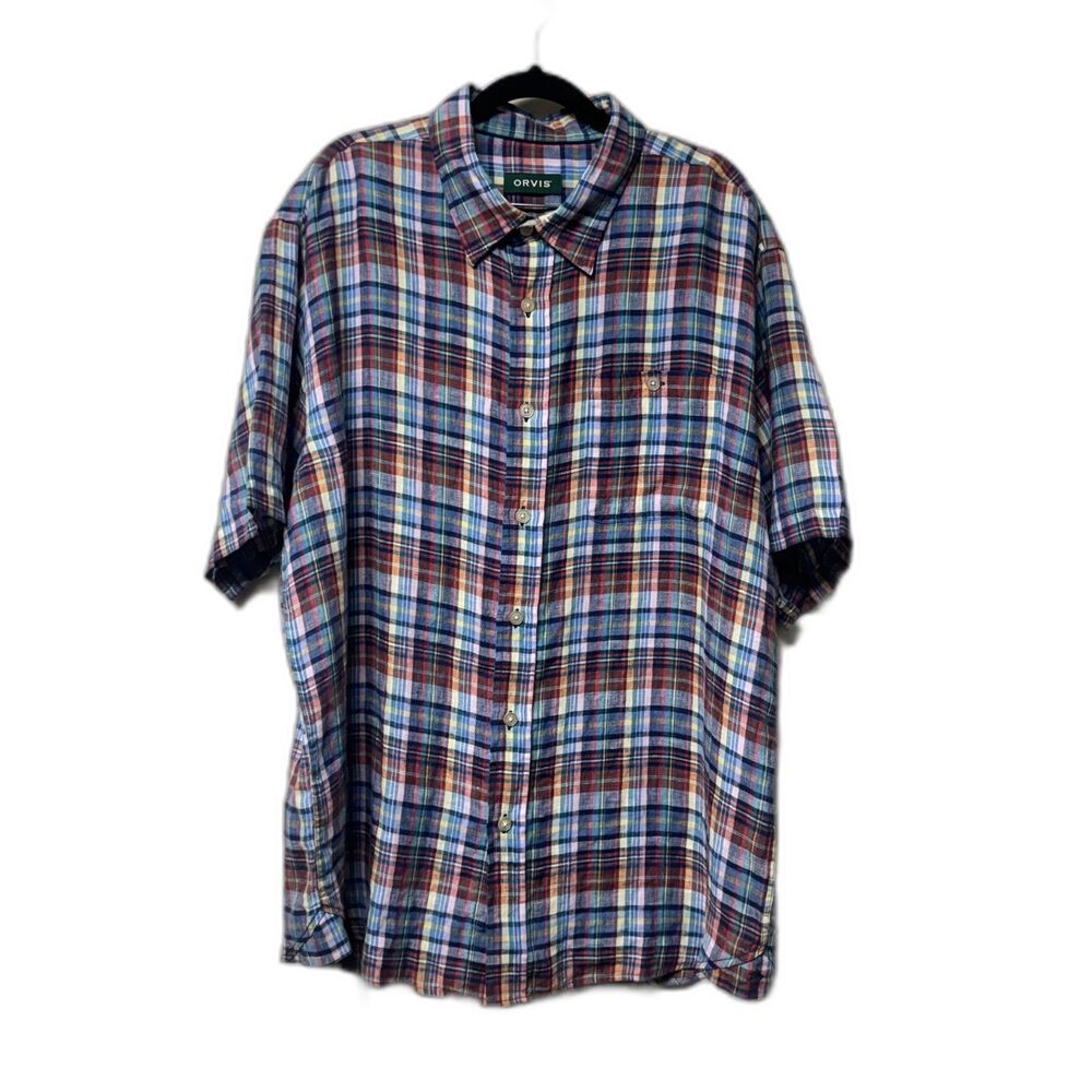 ORVIS Red Plaid Short Sleeve Button Down, 100% Linen, Sz L